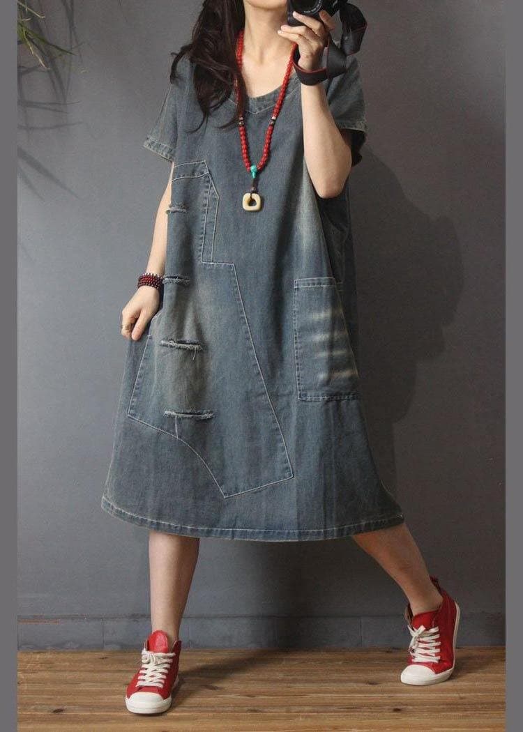 Italian Denim Hole Cotton asymmetrical design Summer Long Dress MMZ-SDL210525