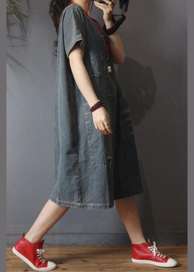 Italian Denim Hole Cotton asymmetrical design Summer Long Dress MMZ-SDL210525