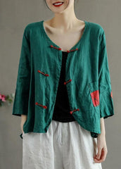 Italian Green Patchwork Pockets Oriental Linen Shirt Top Summer GK-LTP210715