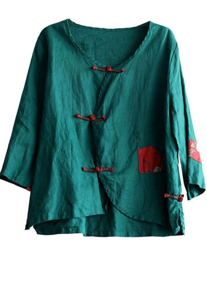 Italian Green Patchwork Pockets Oriental Linen Shirt Top Summer GK-LTP210715