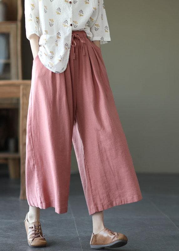 Italian Pink High Waist Tie Waist Fall Wide Leg Linen Pants GK-LPTS210819