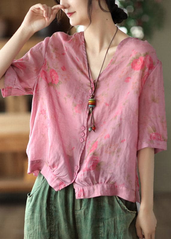 Italian Rose V Neck Print Button Linen Top Half Sleeve gk-HTP220722