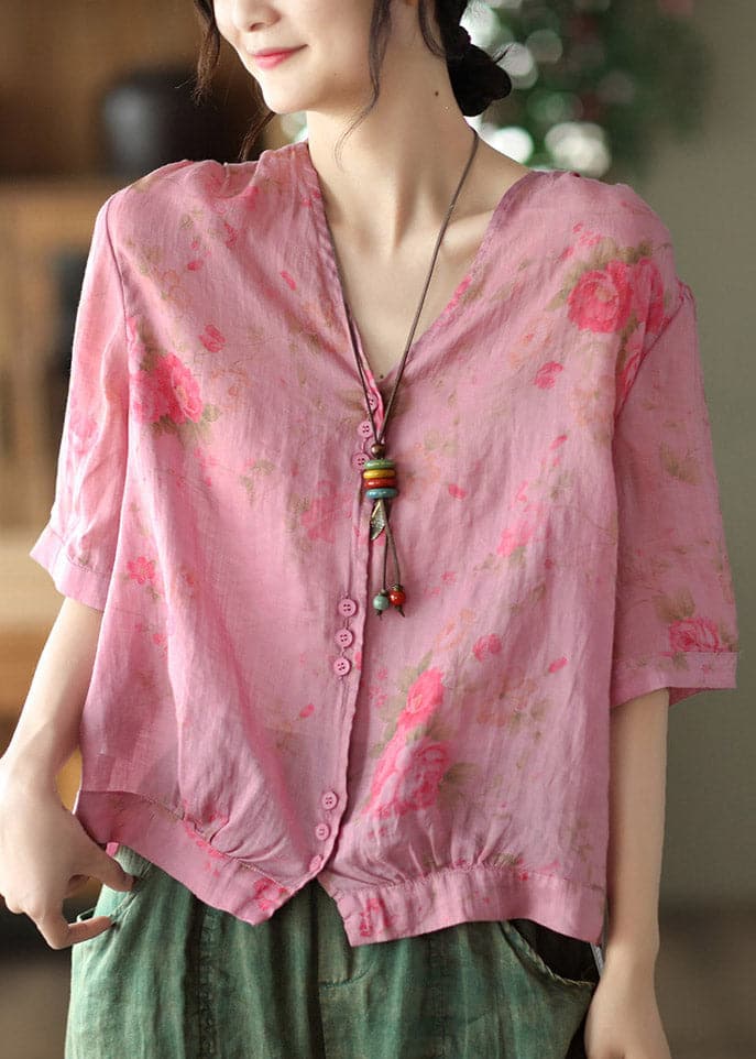 Italian Rose V Neck Print Button Linen Top Half Sleeve gk-HTP220722