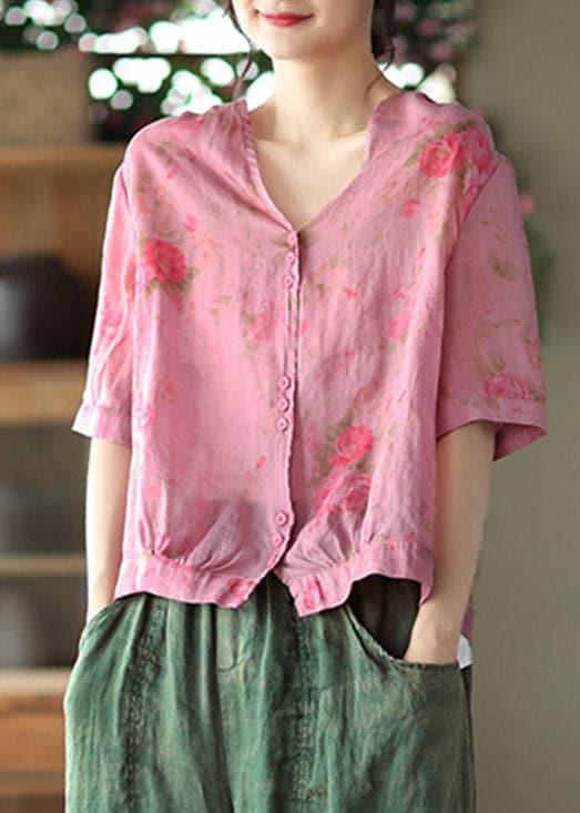 Italian Rose V Neck Print Button Linen Top Half Sleeve gk-HTP220722