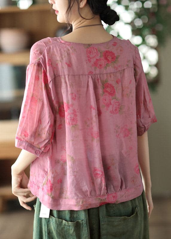 Italian Rose V Neck Print Button Linen Top Half Sleeve gk-HTP220722