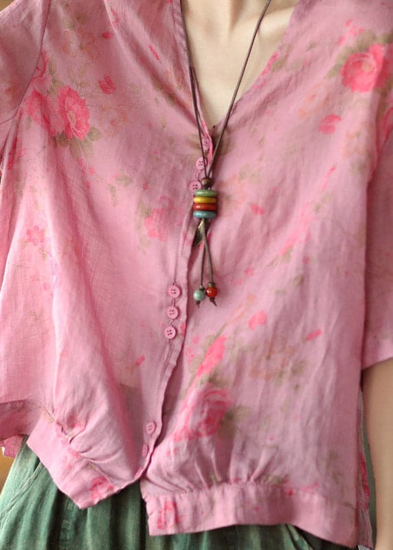 Italian Rose V Neck Print Button Linen Top Half Sleeve gk-HTP220722