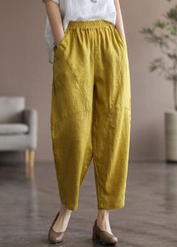 Italian Yellow Elastic Waist Pockets Linen Pants Summer gk-CPTS220503