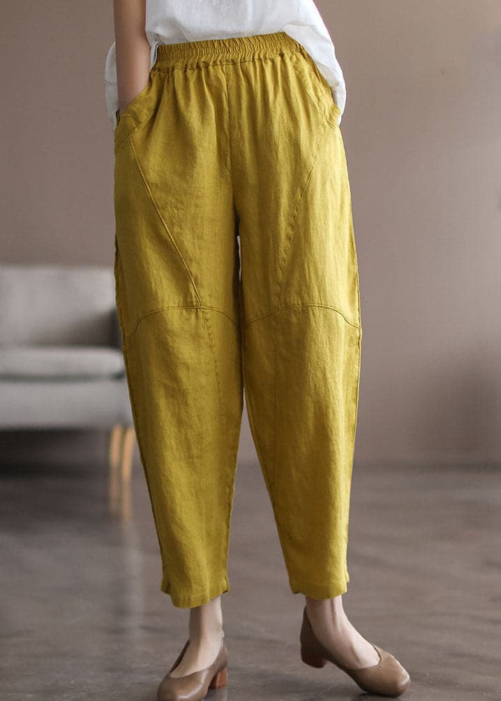 Italian Yellow Elastic Waist Pockets Linen Pants Summer gk-CPTS220503