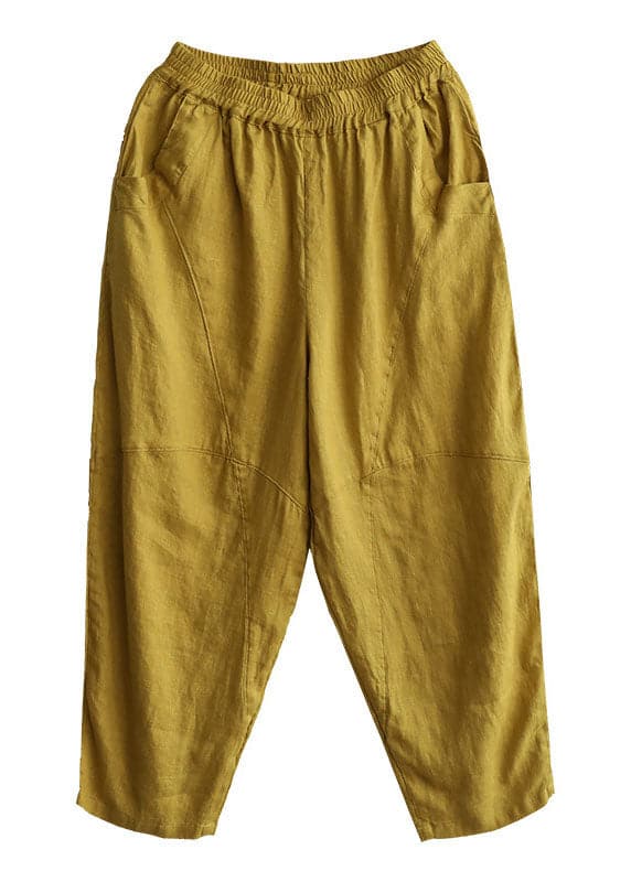 Italian Yellow Elastic Waist Pockets Linen Pants Summer gk-CPTS220503