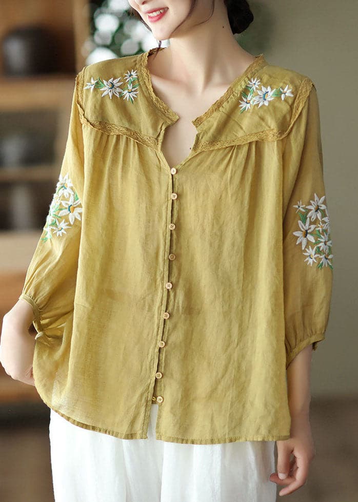 Italian Yellow Embroideried Lace Patchwork Linen Shirt Tops Bracelet Sleeve GK-HTP220815