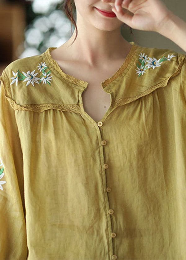 Italian Yellow Embroideried Lace Patchwork Linen Shirt Tops Bracelet Sleeve GK-HTP220815