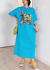 Italian blue Cartoon print tunic pattern o neck side open cotton Dress AT-SDL200707