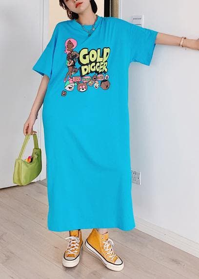 Italian blue Cartoon print tunic pattern o neck side open cotton Dress AT-SDL200707