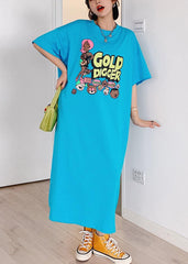 Italian blue Cartoon print tunic pattern o neck side open cotton Dress AT-SDL200707