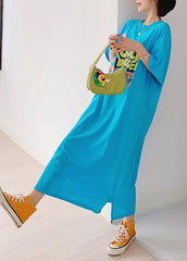 Italian blue Cartoon print tunic pattern o neck side open cotton Dress AT-SDL200707