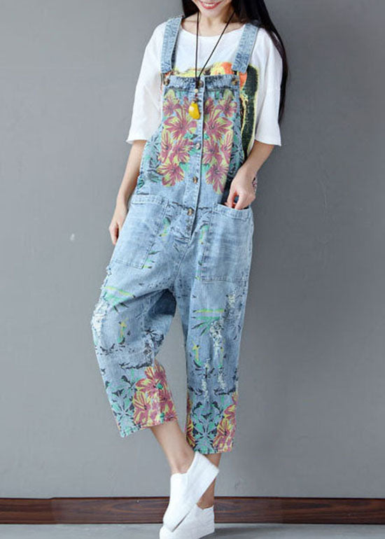 Italian light Blue pockets Print ripped Jeans Jumpsuits Summer dylinoshop