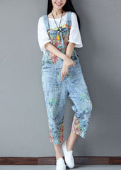 Italian light Blue pockets Print ripped Jeans Jumpsuits Summer dylinoshop