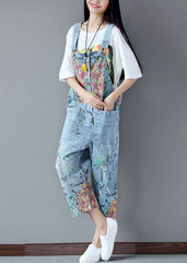 Italian light Blue pockets Print ripped Jeans Jumpsuits Summer dylinoshop