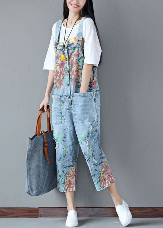 Italian light Blue pockets Print ripped Jeans Jumpsuits Summer dylinoshop