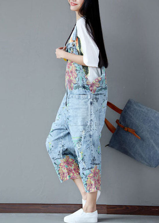 Italian light Blue pockets Print ripped Jeans Jumpsuits Summer dylinoshop