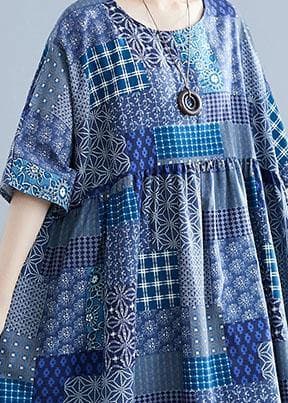 Italian navy plaid linen cotton clothes For Women o neck Cinched cotton Dress SDL200425