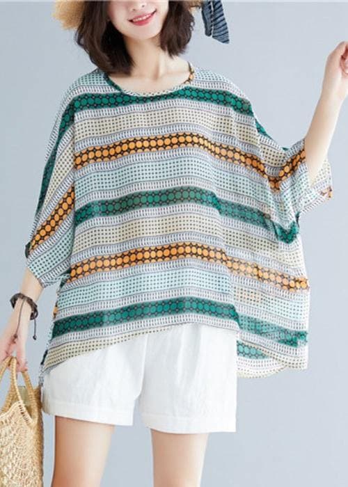 Italian o neck baggy chiffon clothes striped loose blouses STP200409