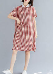 Italian red plaid Cotton Tunics Peter pan Collar Knee summer Dress SDM200325