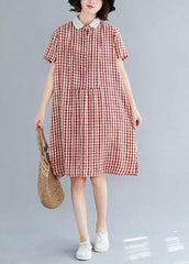 Italian red plaid Cotton Tunics Peter pan Collar Knee summer Dress SDM200325