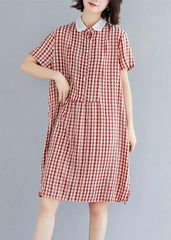 Italian red plaid Cotton Tunics Peter pan Collar Knee summer Dress SDM200325