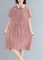 Italian red plaid Cotton Tunics Peter pan Collar Knee summer Dress SDM200325