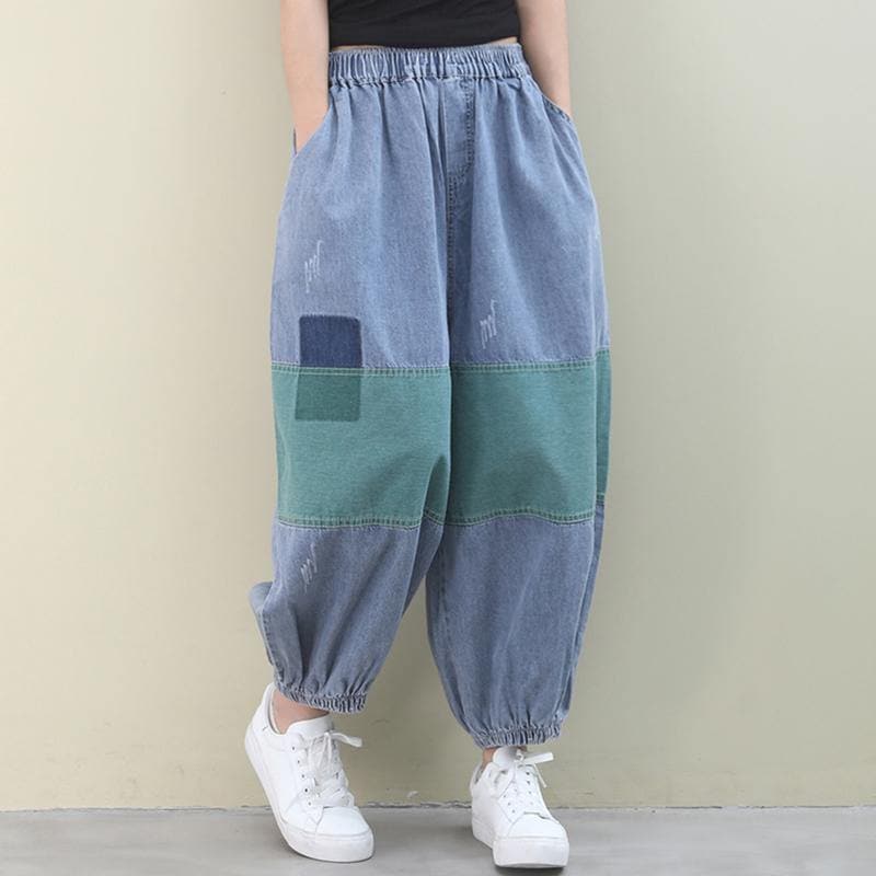 Italian women pants denim blue pattern elastic waist patchwork green trousers WG-LPTS200601