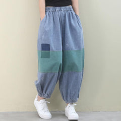 Italian women pants denim blue pattern elastic waist patchwork green trousers WG-LPTS200601