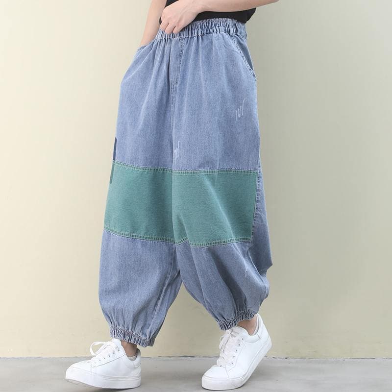 Italian women pants denim blue pattern elastic waist patchwork green trousers WG-LPTS200601