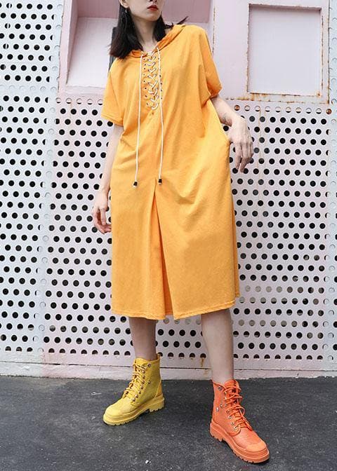 Italian yellow hooded cotton dresses side open long summer Dress AT-SDL190717