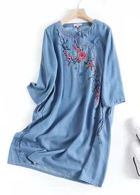 Italian Blue Embroideried Oriental Denim Dresses Summer Cotton Dress MMZ-SDL210525