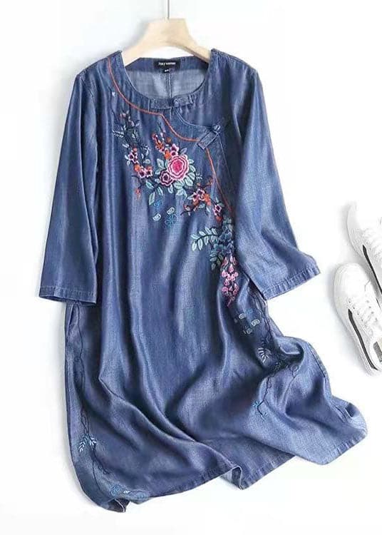 Italian Blue Embroideried Oriental Denim Dresses Summer Cotton Dress MMZ-SDL210525