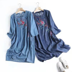 Italian Blue Embroideried Oriental Denim Dresses Summer Cotton Dress MMZ-SDL210525