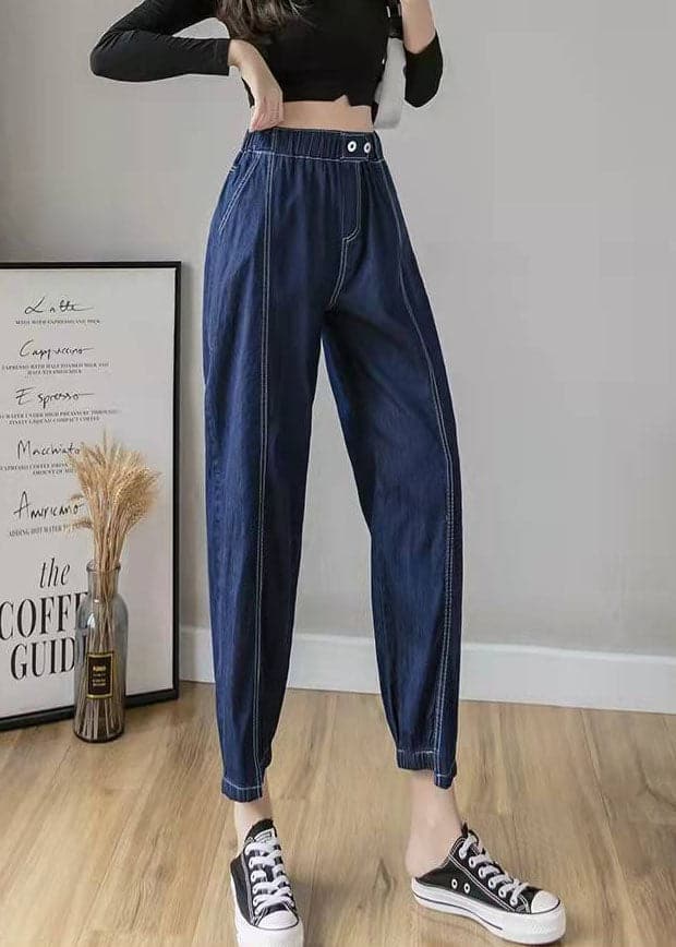 Italian Spring Casual Pants Stylish Denim Blue Photography Elastic Waist Patchwork Women Pants LPTS210203