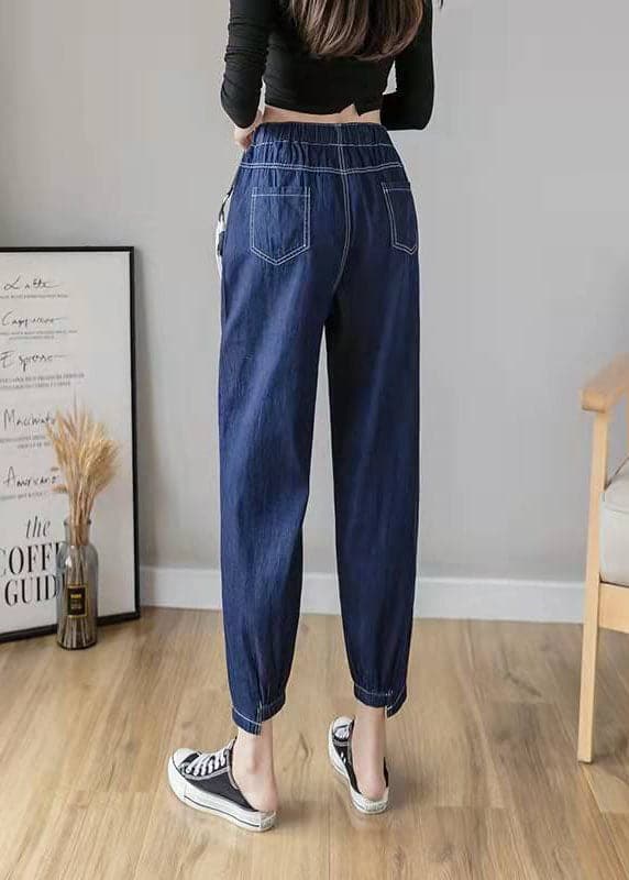 Italian Spring Casual Pants Stylish Denim Blue Photography Elastic Waist Patchwork Women Pants LPTS210203