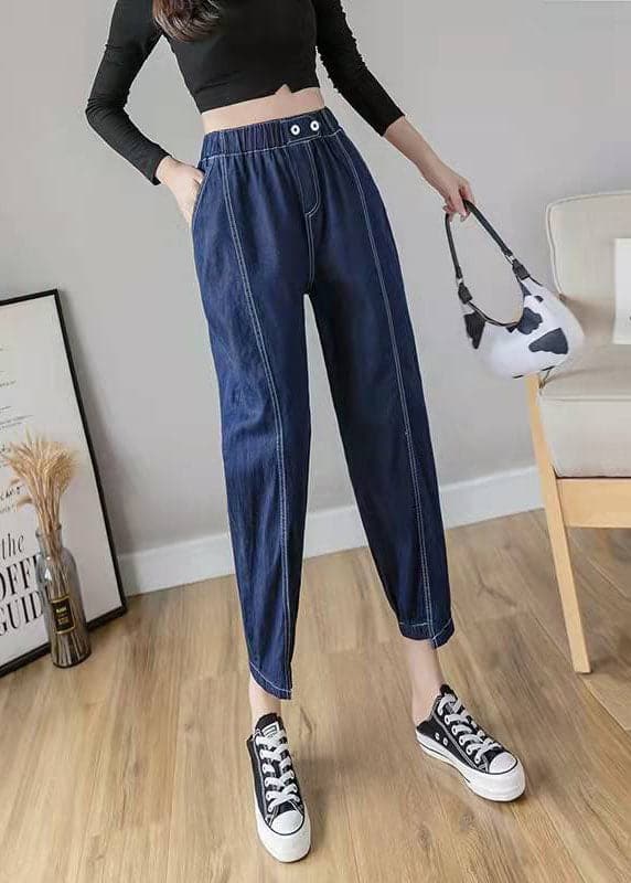 Italian Spring Casual Pants Stylish Denim Blue Photography Elastic Waist Patchwork Women Pants LPTS210203