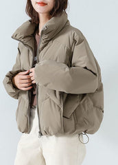 Khaki Duck Down Puffer Jacket Stand Collar Zip Up Drawstring Long Sleeve GK-DJK220830