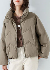 Khaki Duck Down Puffer Jacket Stand Collar Zip Up Drawstring Long Sleeve GK-DJK220830