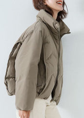 Khaki Duck Down Puffer Jacket Stand Collar Zip Up Drawstring Long Sleeve GK-DJK220830