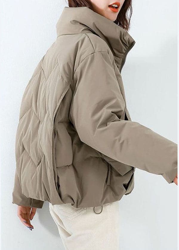 Khaki Duck Down Puffer Jacket Stand Collar Zip Up Drawstring Long Sleeve GK-DJK220830