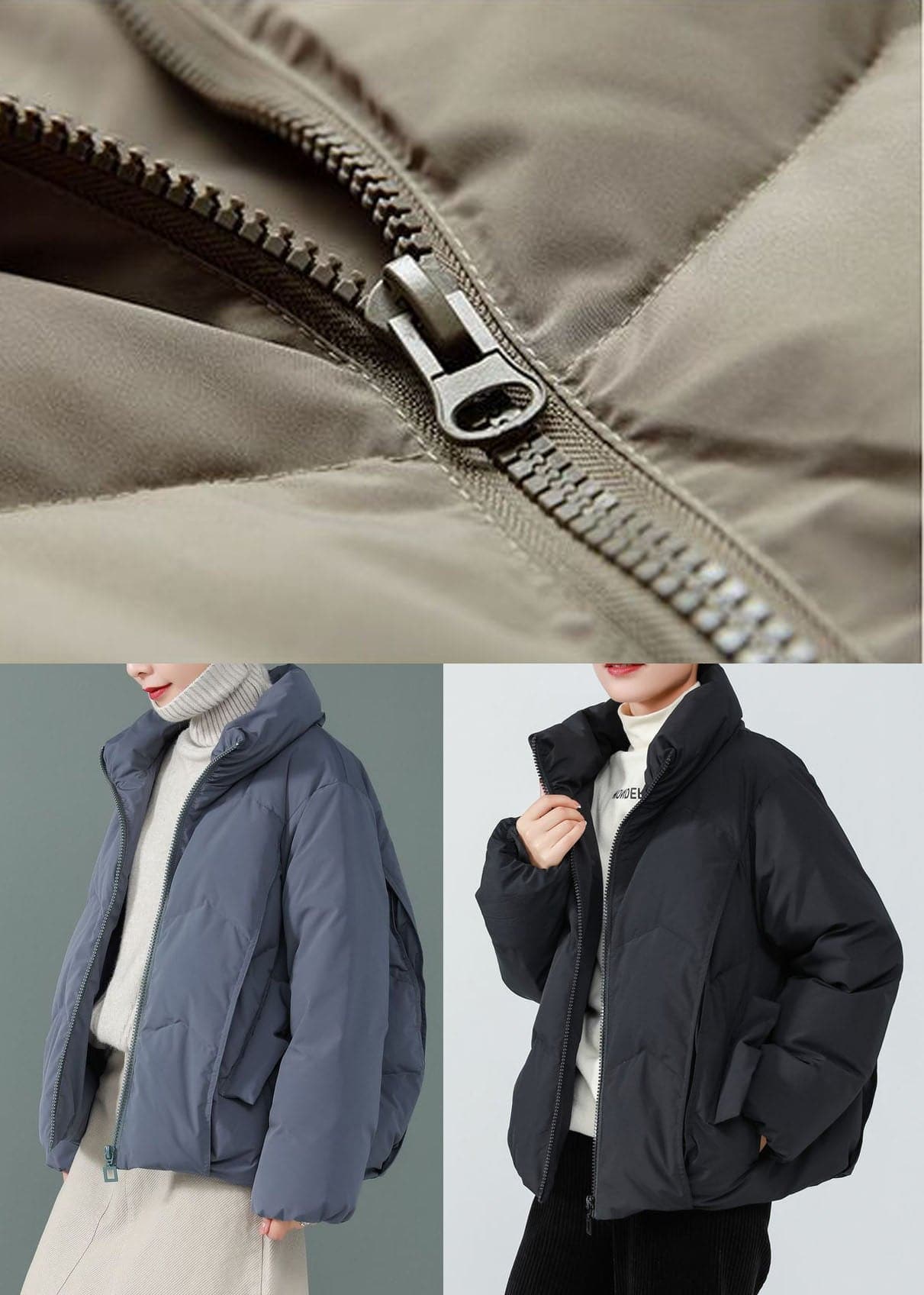 Khaki Duck Down Puffer Jacket Stand Collar Zip Up Drawstring Long Sleeve GK-DJK220830