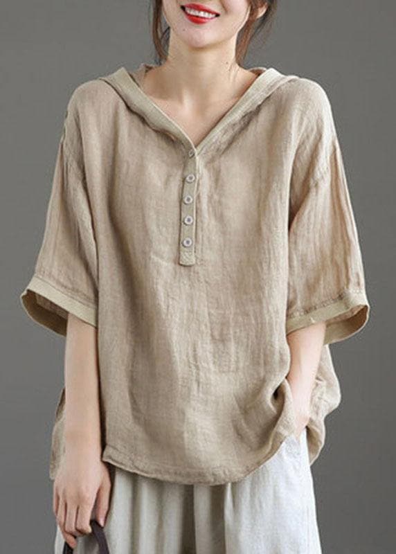 Khaki hooded Patchwork Summer Linen Blouses GK-HTP210720