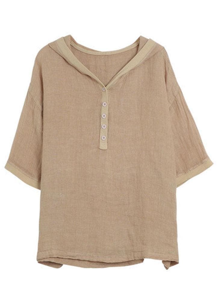 Khaki hooded Patchwork Summer Linen Blouses GK-HTP210720