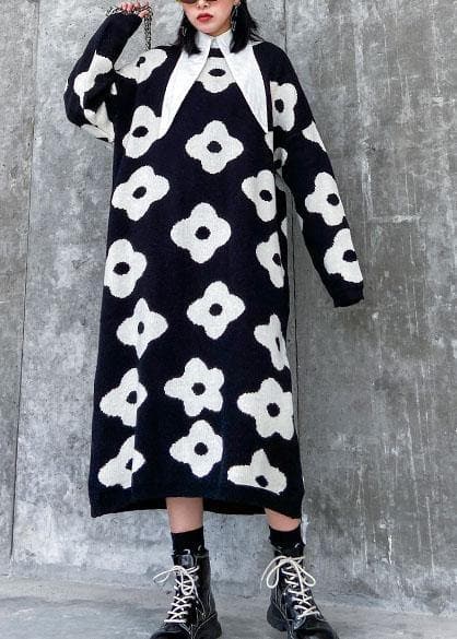 Knitted black print Sweater Aesthetic Women o neck baggy knit dress AT-NSD191231