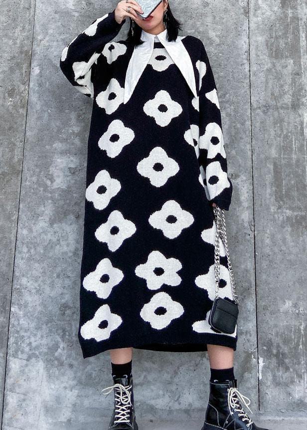 Knitted black print Sweater Aesthetic Women o neck baggy knit dress AT-NSD191231