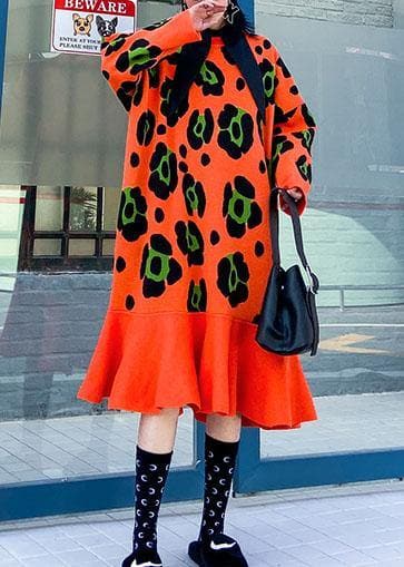 Knitted o neck Ruffles Sweater outfits plus size orange print knitted dress AT-NSD191231